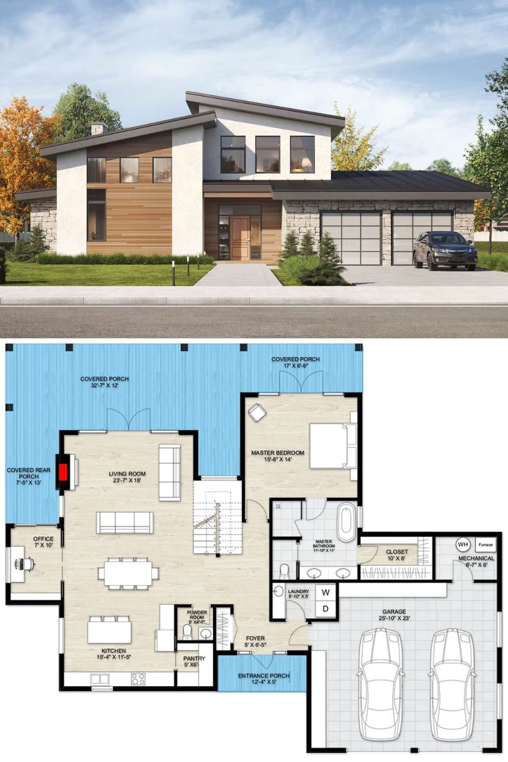 Modern-Style 3-Bedroom Home with Wraparound Porch and Open-Concept Living (Floor Plan)