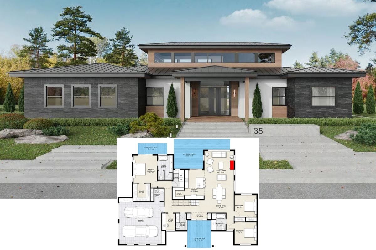 Modern 3-Bedroom Mid-Century Home for a Corner Lot with Study Loft (Floor Plan)