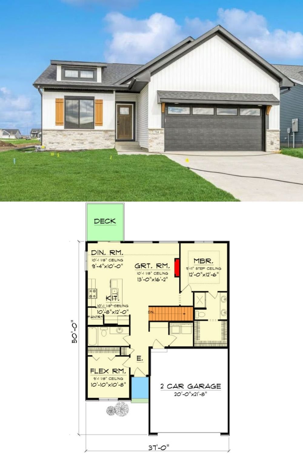 New American-Style 2-Bedroom Home with Open Floor Plan and Flex Room (Floor Plan)