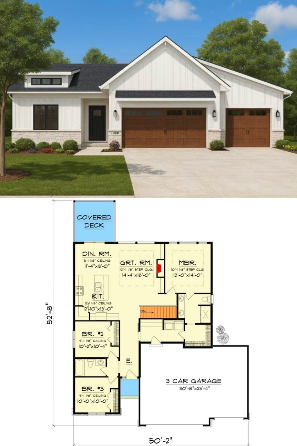 New American-Style 3-Bedroom Home with 3-Car Garage and Open-Concept Living (Floor Plan)