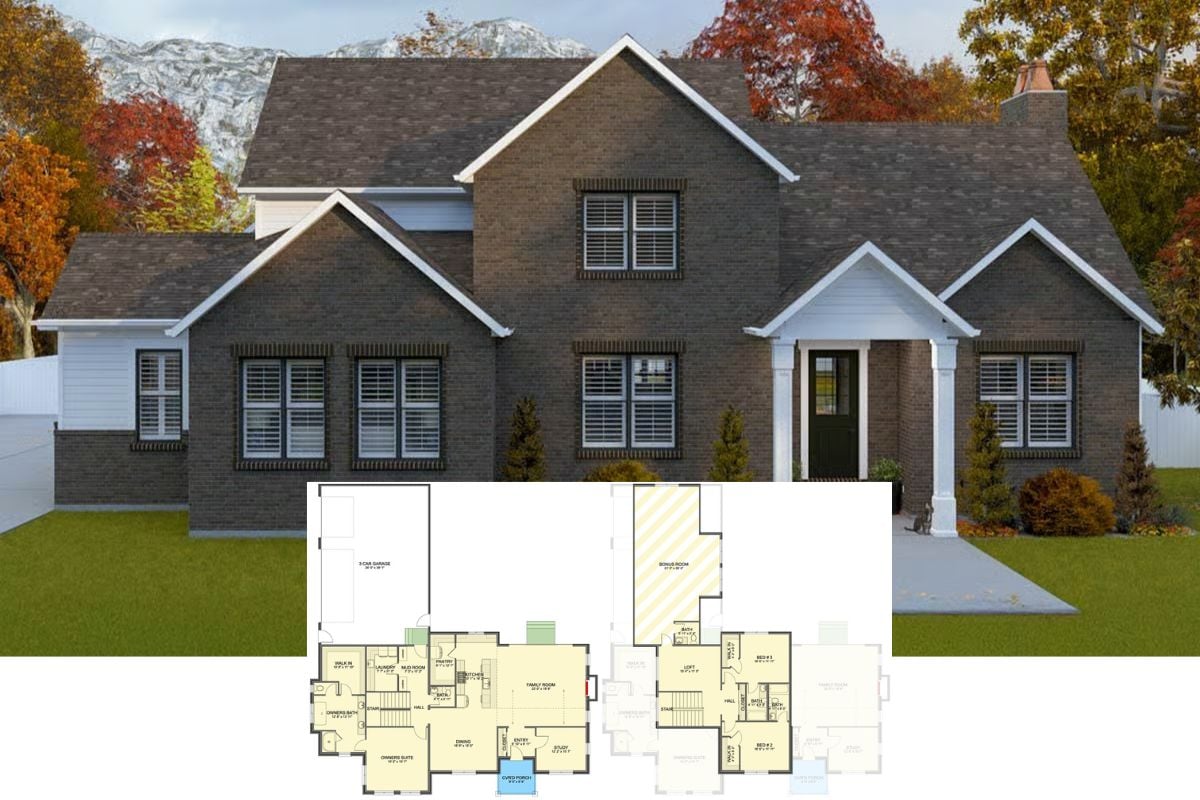 3-Bedroom Traditional Home with Loft and Bonus Room (Floor Plan)