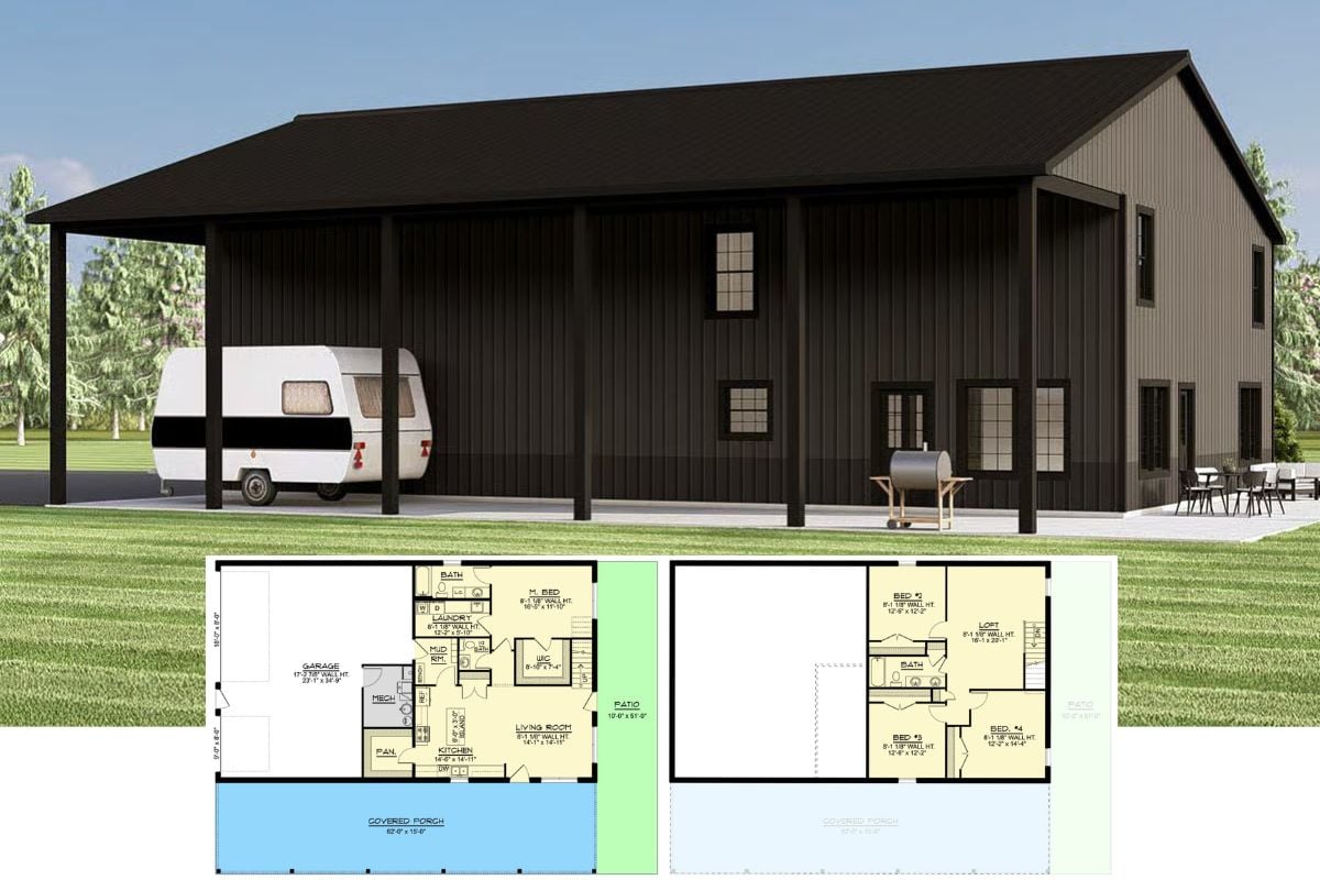 Modern 4-Bedroom Barndominium with 3-Car Garage and Loft (Floor Plan)