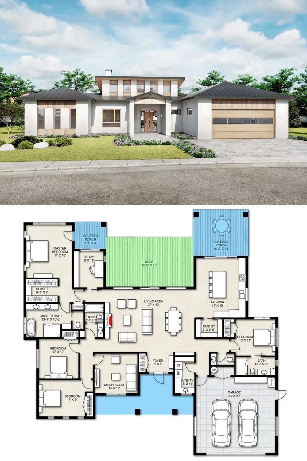4-Bedroom Contemporary Home with Front Porch and Double Garage (Floor Plan)