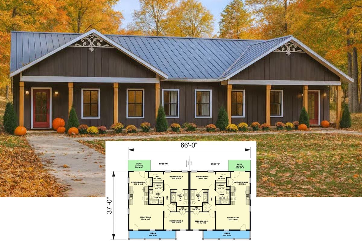 Country-Style 4-Bedroom Duplex with Front Porch and Open-Concept Living (Floor Plan)