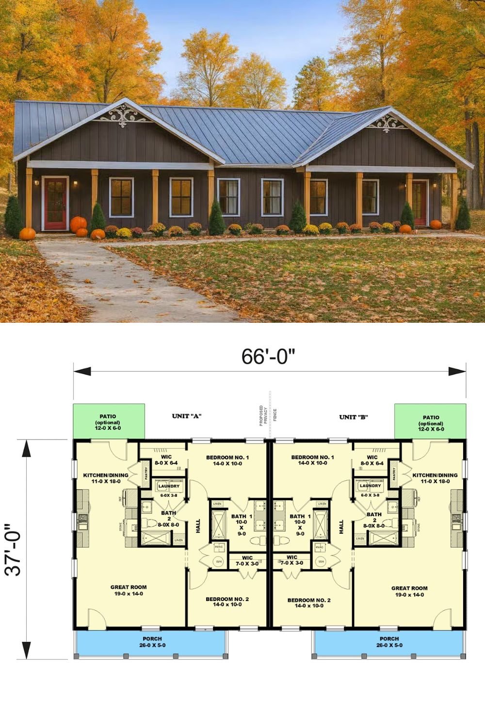 Country-Style 4-Bedroom Duplex with Front Porch and Open-Concept Living (Floor Plan)