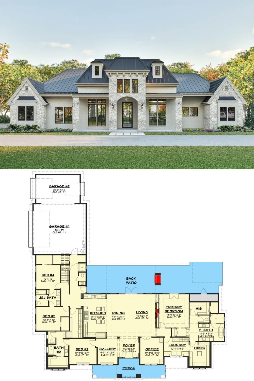 European-Style 4-Bedroom Transitional Home with Bonus Room and Jack & Jill Bath (Floor Plan)