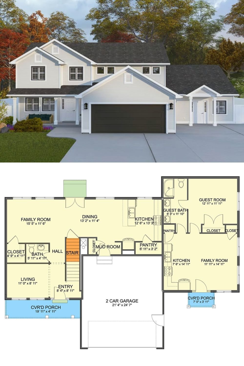 4-Bedroom Traditional-Style Home with Attached Apartment and Open-Concept Living (Floor Plan)