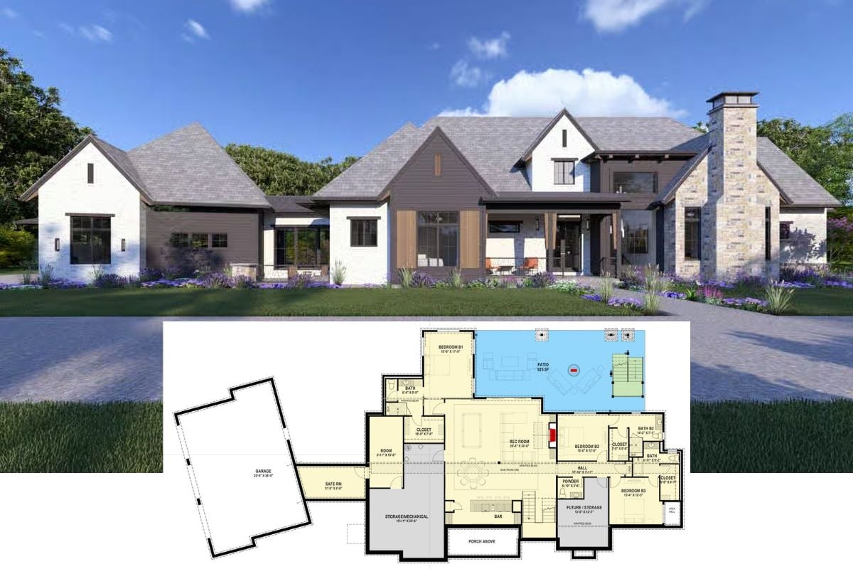 5-Bedroom European Home for Wide and Sloped Lots with Angled Garage (Floor Plan)