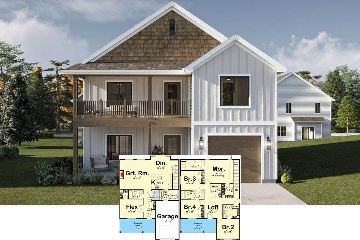 5-Bedroom Farmhouse with Loft and Flex Room (Floor Plan)