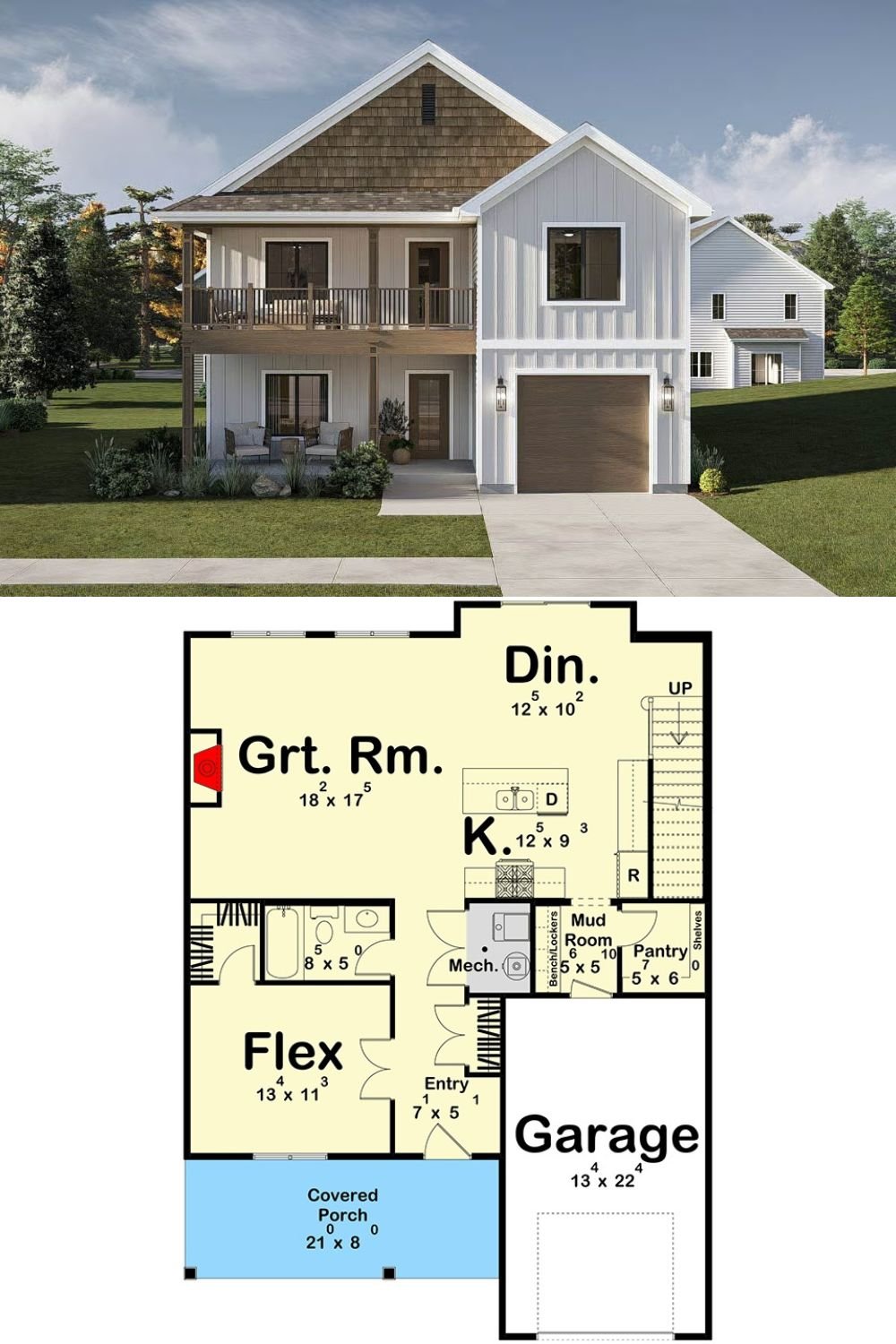 5-Bedroom Farmhouse with Loft and Flex Room (Floor Plan)