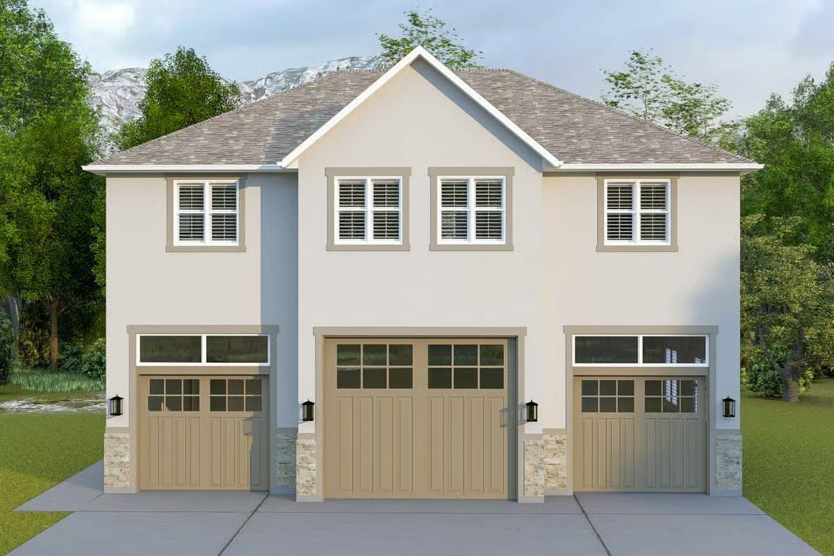 Traditional 1-Bedroom Carriage Home with 3-Car Bay and Open-Concept Living (Floor Plan)