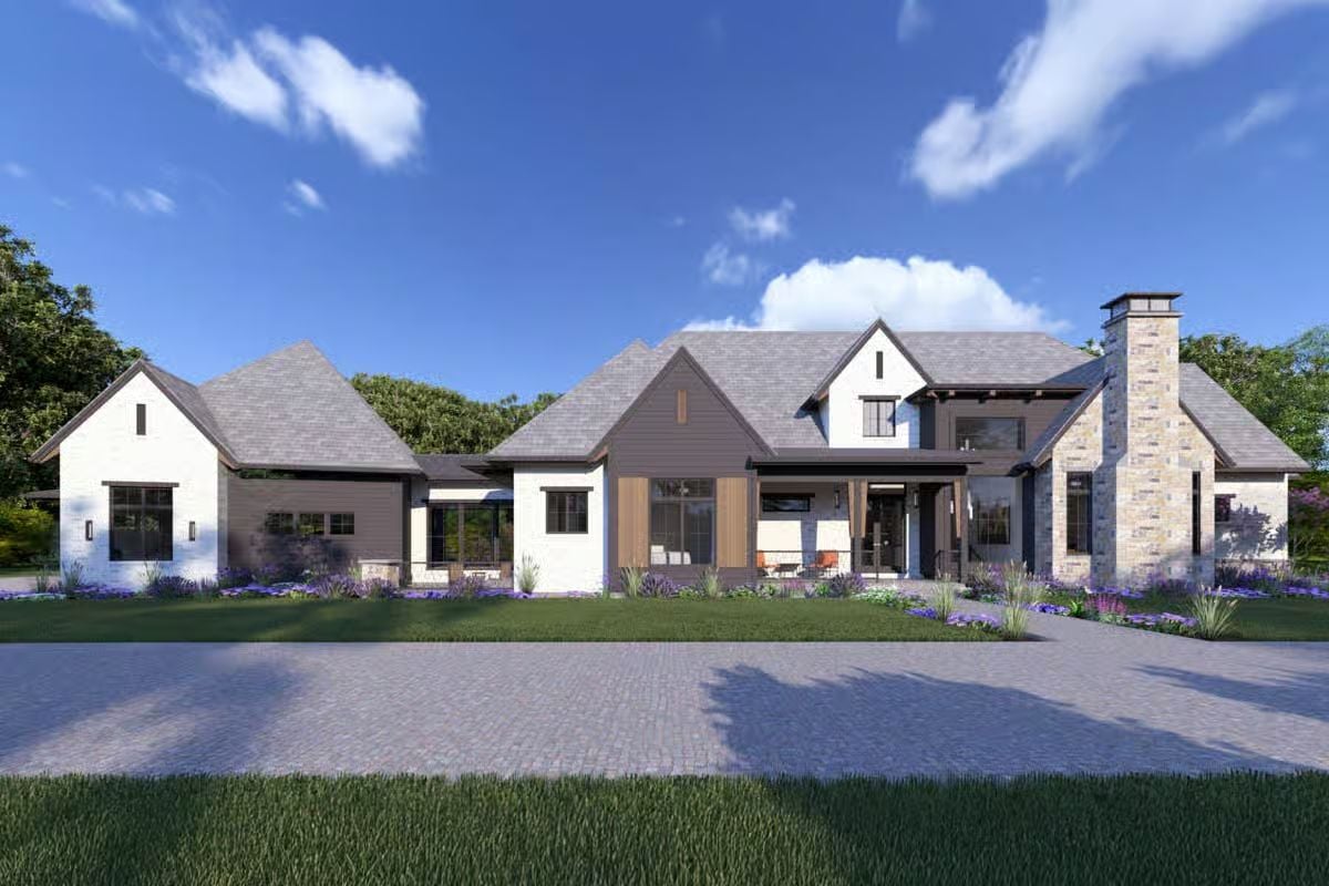 5-Bedroom European Home for Wide and Sloped Lots with Angled Garage (Floor Plan)