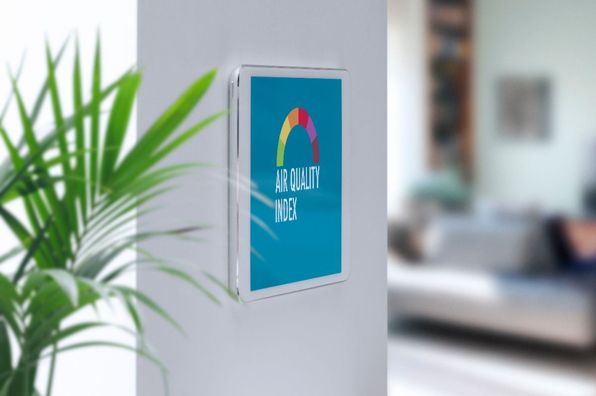Smart home control panel displaying air quality index interface.
