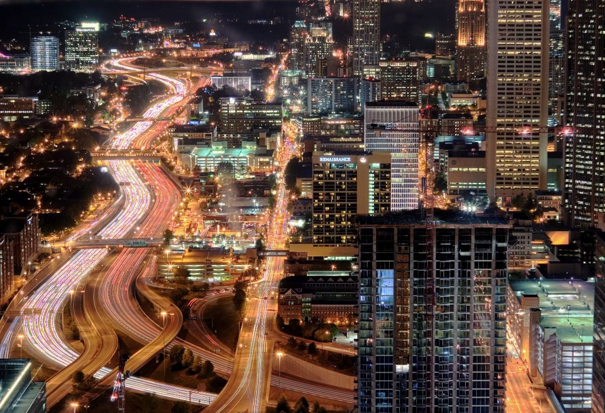 Skyline view of Atlanta downtown at night.