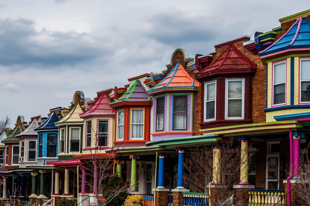 Colorful row houses in Baltimore, Maryland.