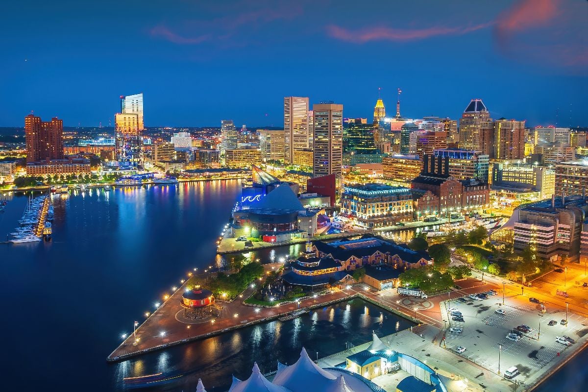 Downtown Baltimore city skyline at night.