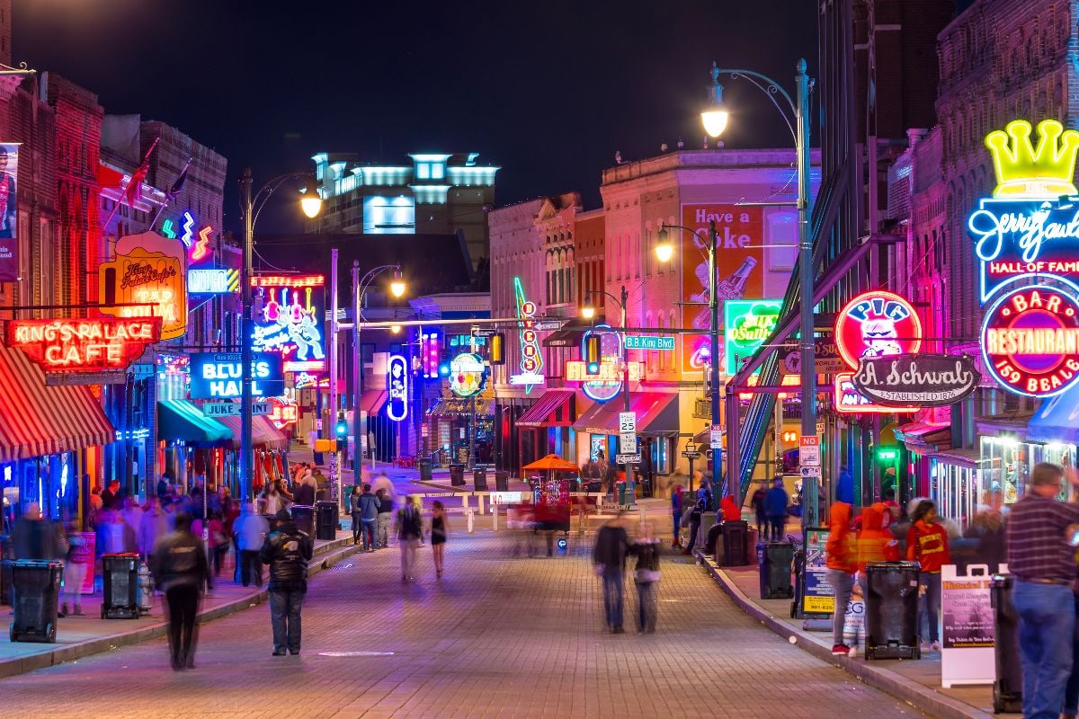 Neon signs of famous blues clubs on Beale street.