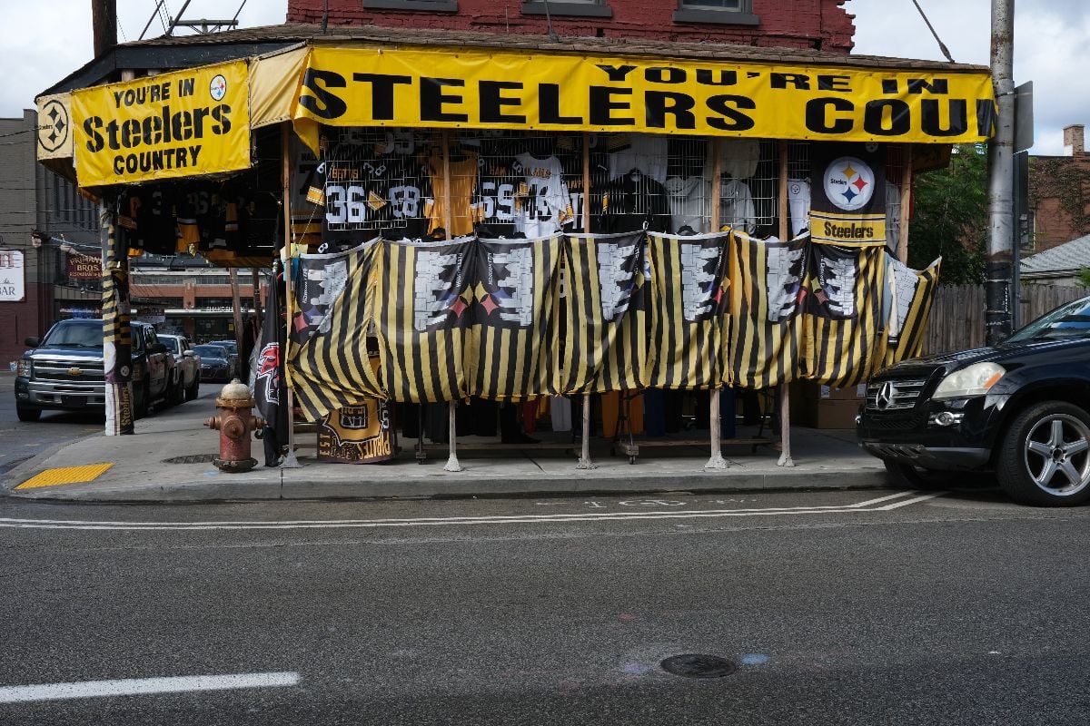 Pittsburgh memorabilia store seen displaying sport team clothing in the Pittsburgh Strip District.