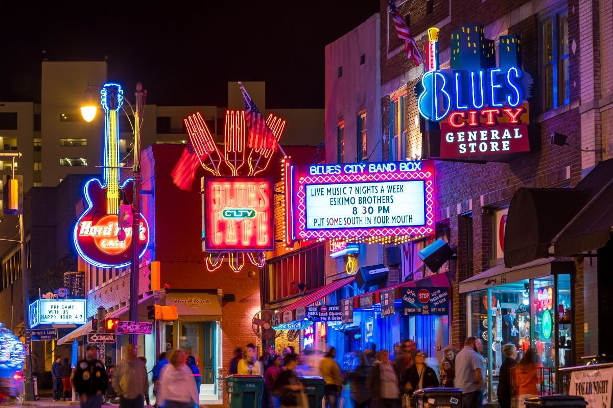 Neon signs of famous blues clubs on Beale street.