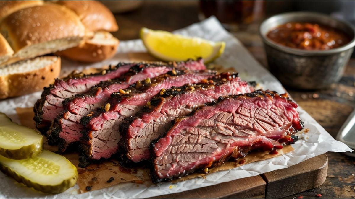 Slow-smoked Texas beef brisket sliced thick with a deep bark, juicy center, and served with pickles, white bread, and BBQ sauce on the side.