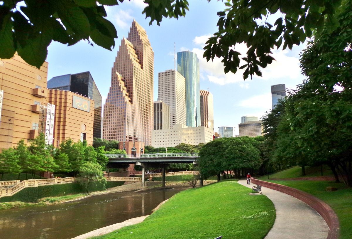 Bicyclist on Paved Bike Path in Buffalo Bayou Park.