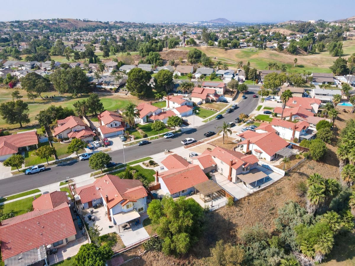Aerial view of Southern California houses in inland town Corona.