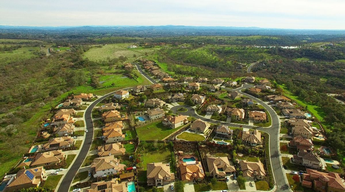 Aerial view of a suburban homes in Northern California.