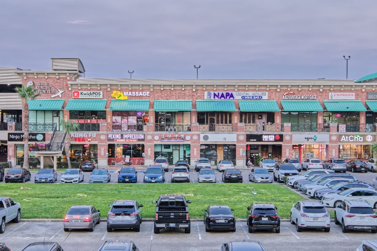 Houston Chinatown's Dun Huang Plaza at twilight.