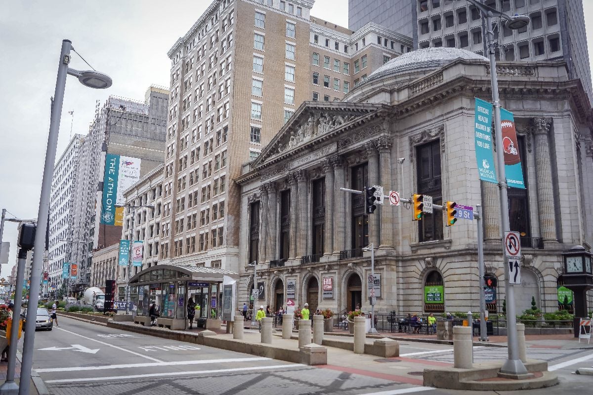 The Cleveland street and Heinen's Grocery Store at the city downtown.