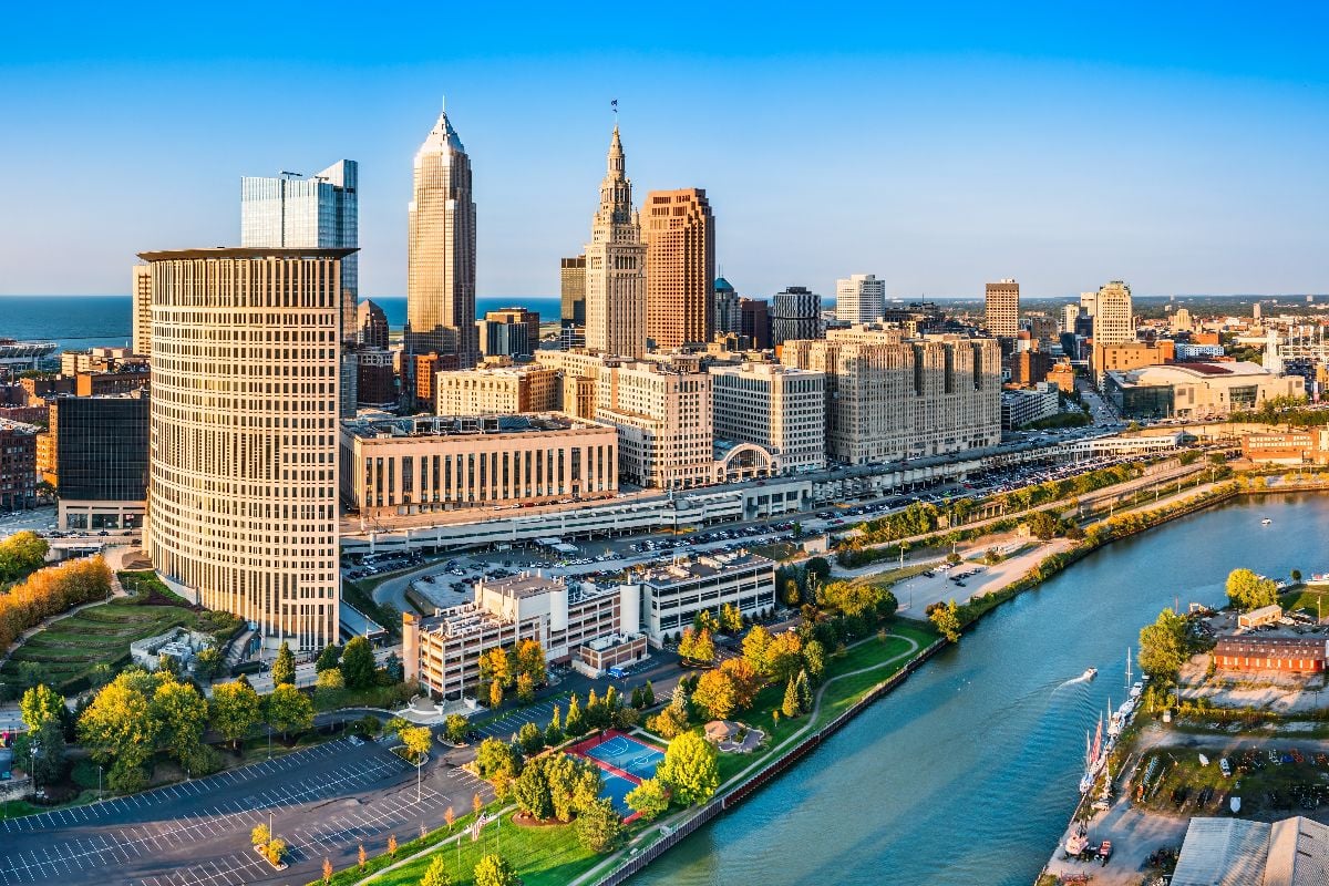 Aerial view of Cleveland, Ohio skyline at sunset.