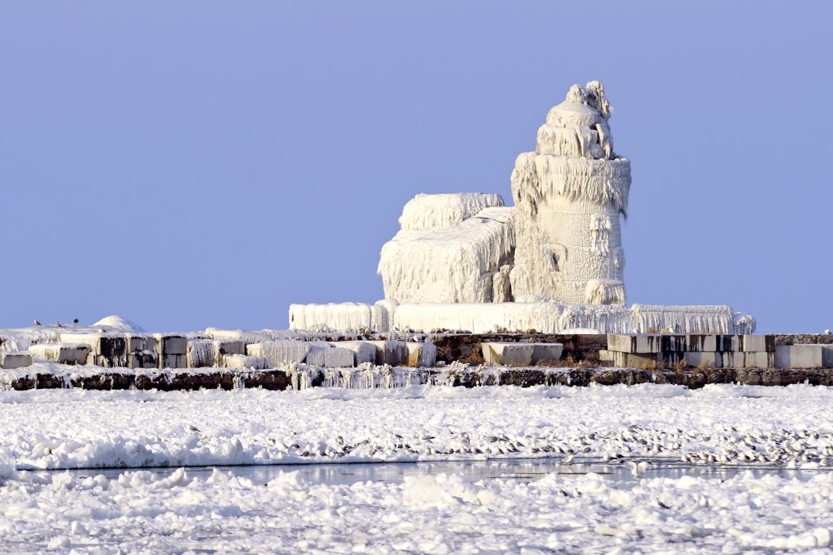 Cleveland Harbor West Pierhead Lighthouse covered in snow.