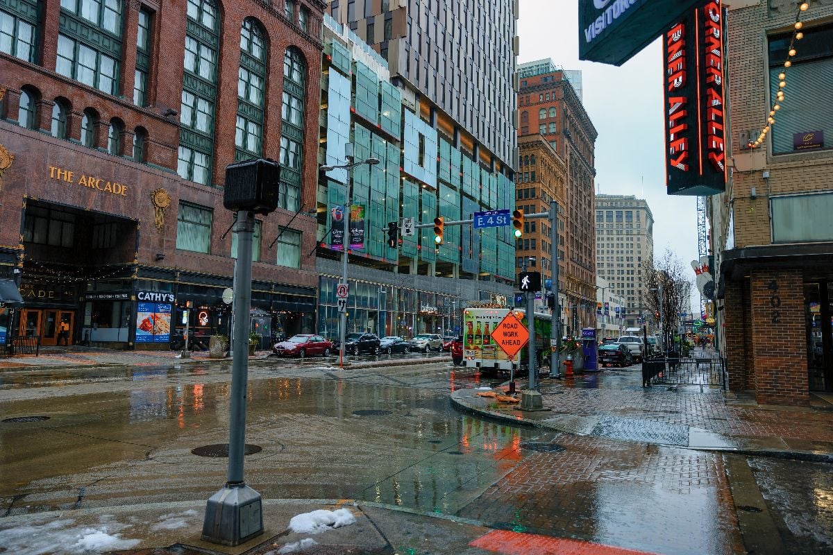Wet snowy weather in downtown district.