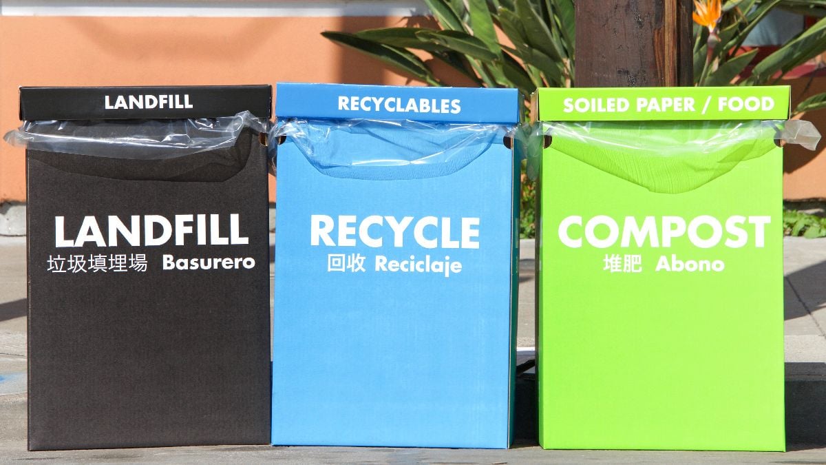 Large cardboard boxes for separating trash.