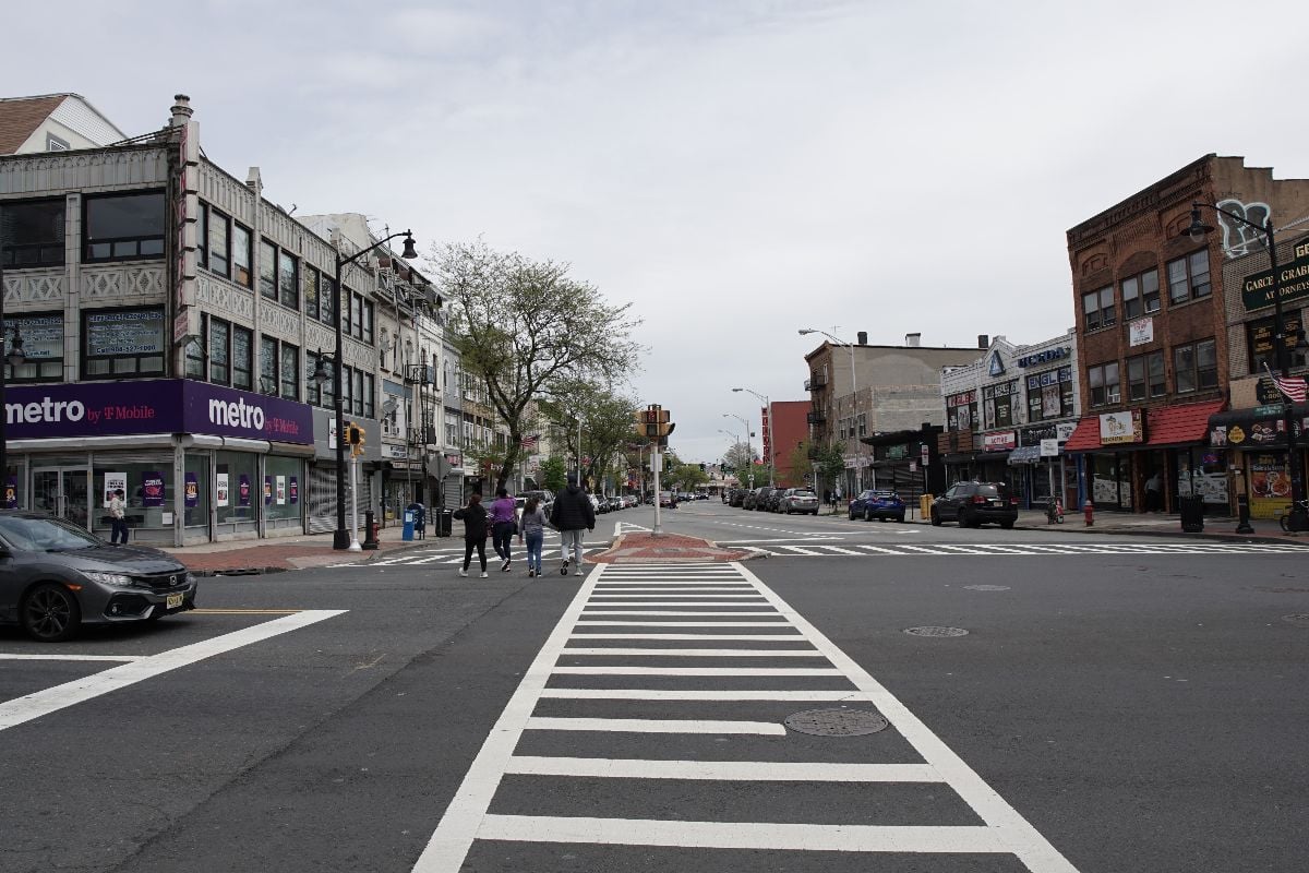 View of a crosswalk and the intersection of Broad Street and Elizabeth Avenue.