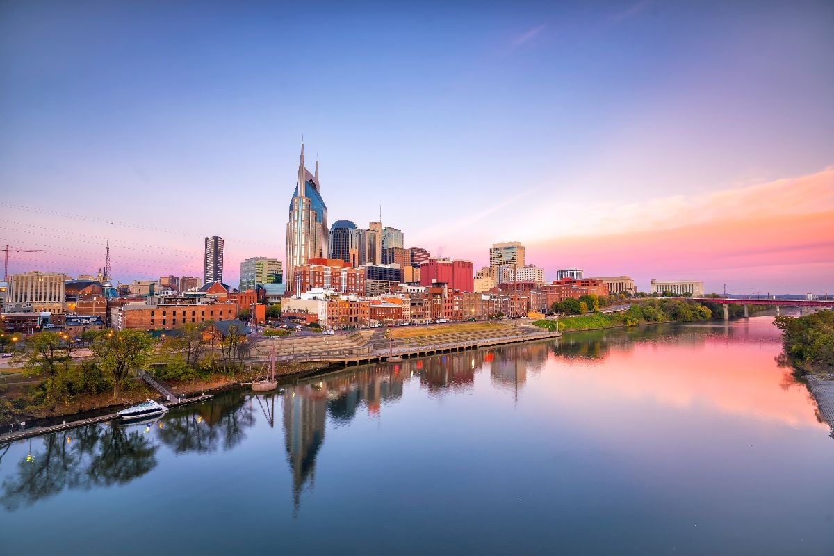 Nashville, Tennessee downtown skyline with Cumberland River in USA