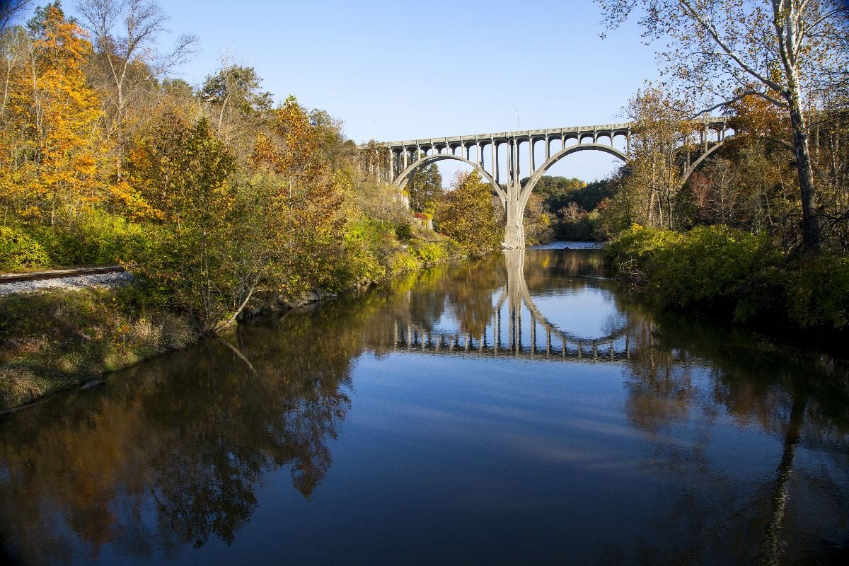 A beautiful shot of a bridge reflecting in the Cuyahoga River in Ohio.
