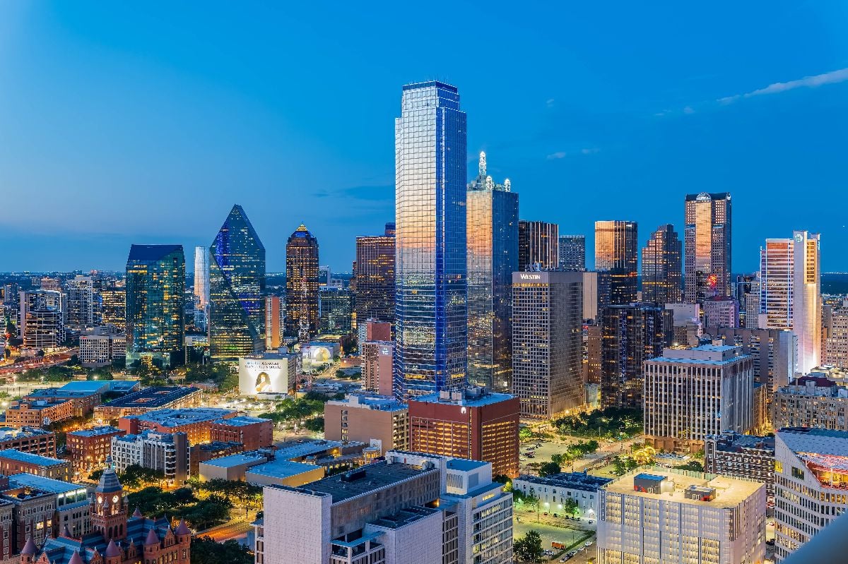 Sunset high angle view of the Dallas skyline.