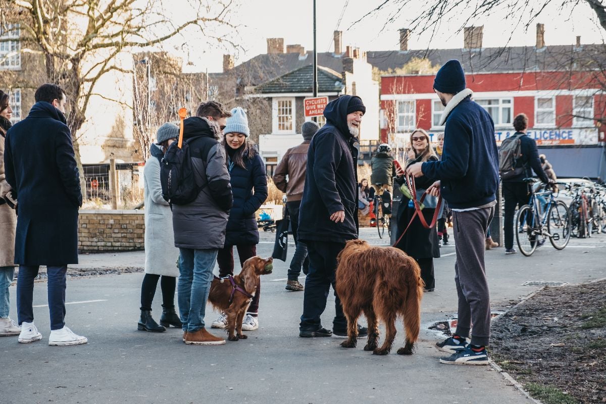 Dog owners chatting in dog park.