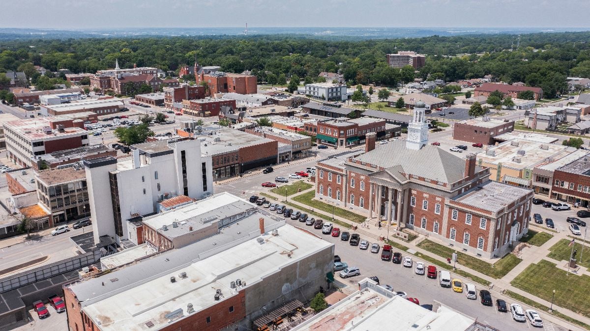 Afternoon sunlight shines on the historic core of downtown Independence.