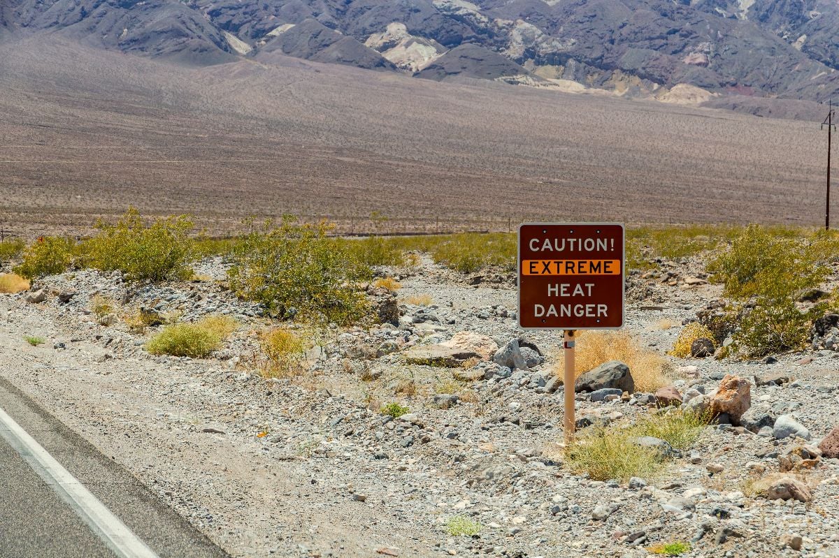 Sign Caution - Extreme Heat - Danger at Valley National Park, California.