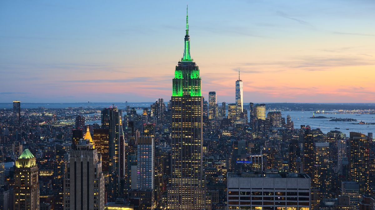 View of the Empire State Building in New York City from the Top of the Rock at 30 Rockefeller Plaza during sunset.