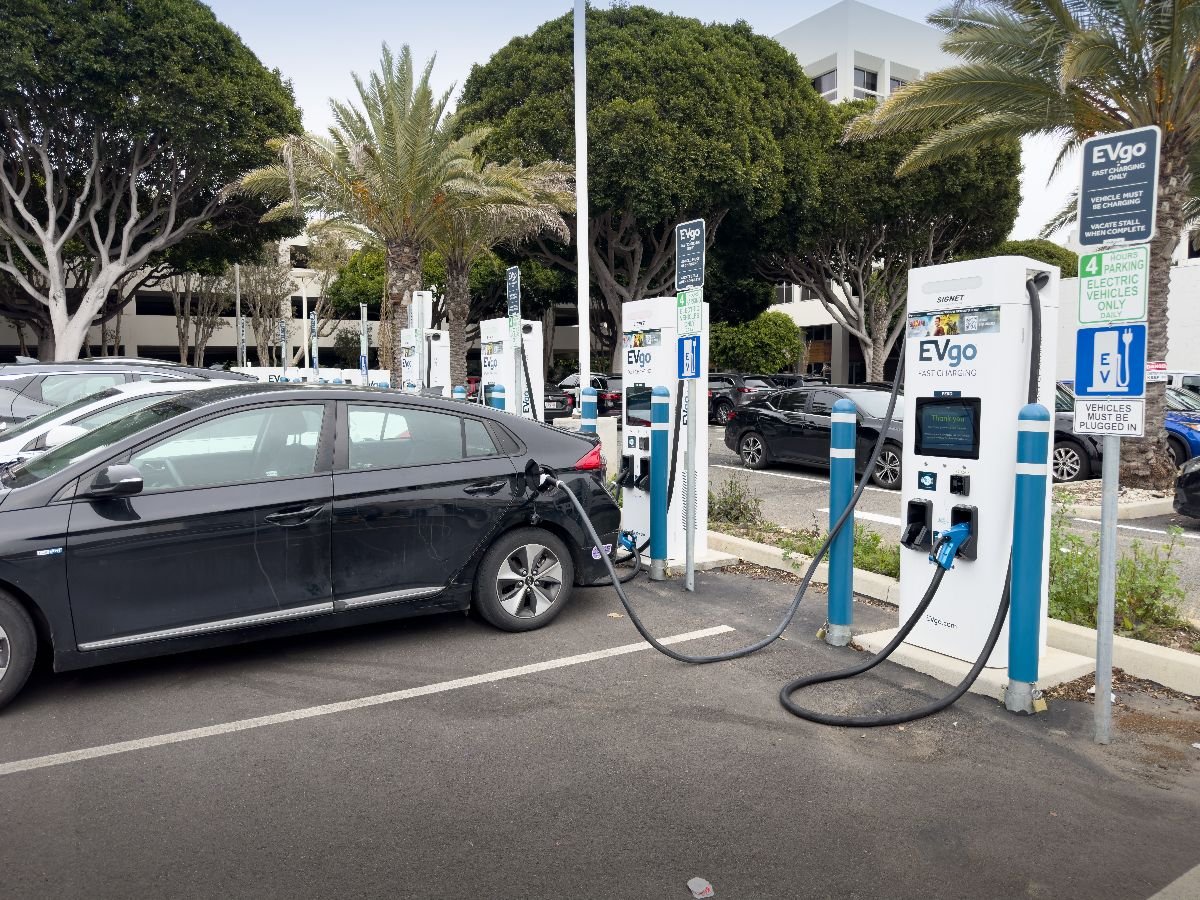 A view of  EVgo electric pump stations at a local parking lot.