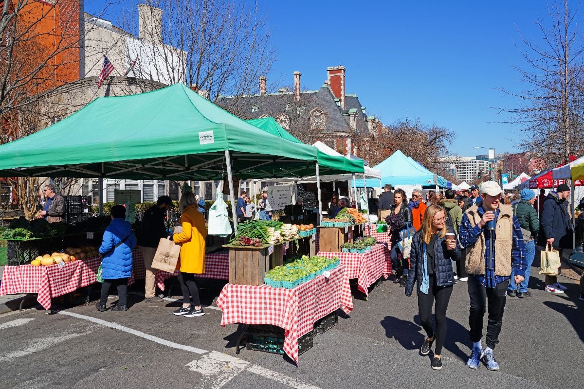 View of the Freshfarm market, an outdoor weekly Sunday farmers market in Dupont Circle in Washington DC.