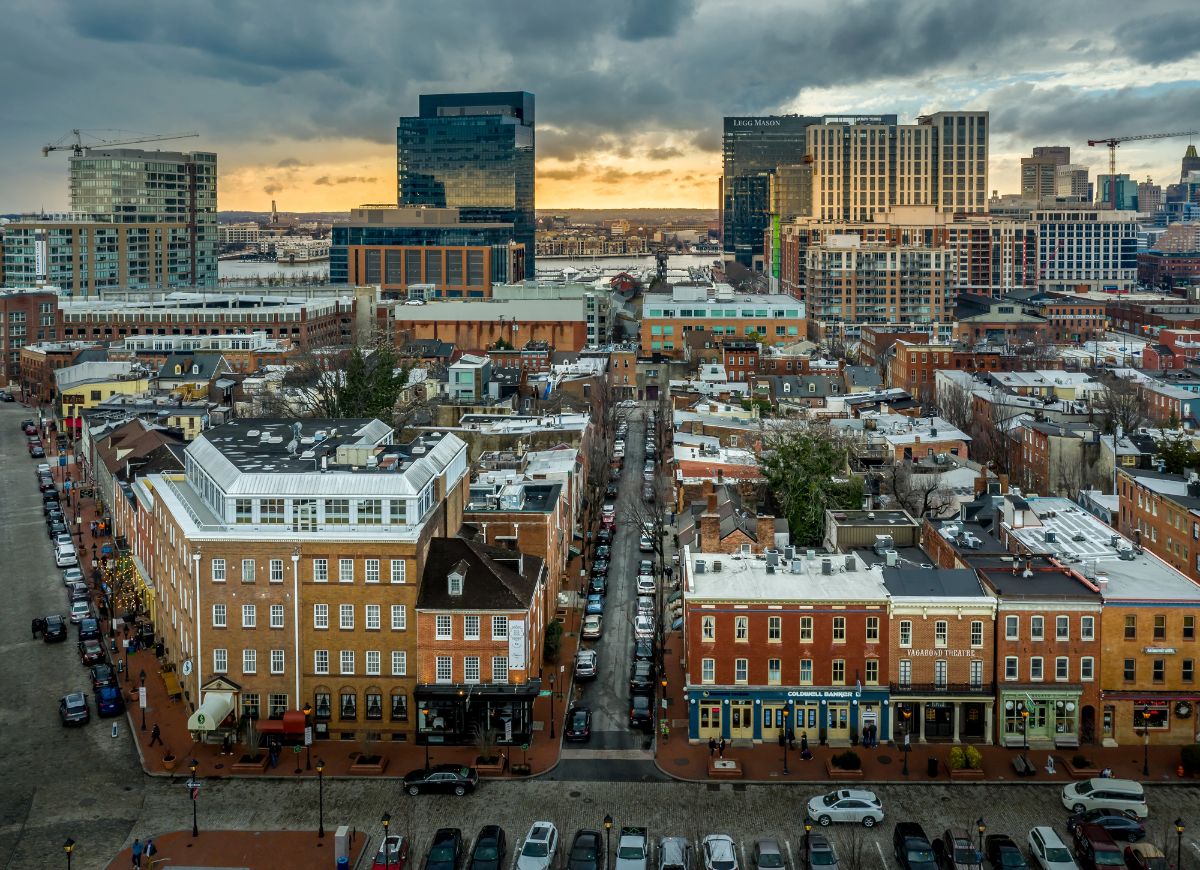 Aerial view of Baltimore skyline with skyscrapers.