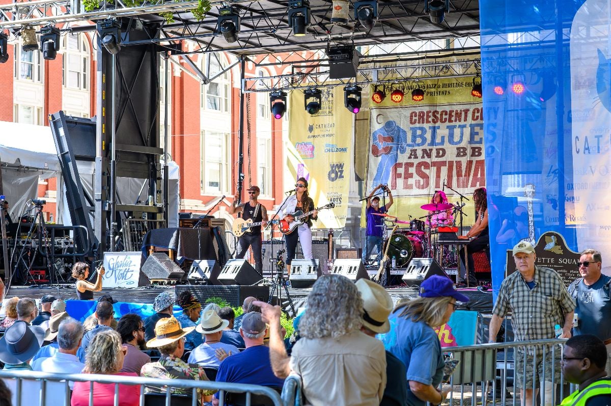 Ghalia Volt and her band performing at the free Crescent City Blues and BBQ Festival.