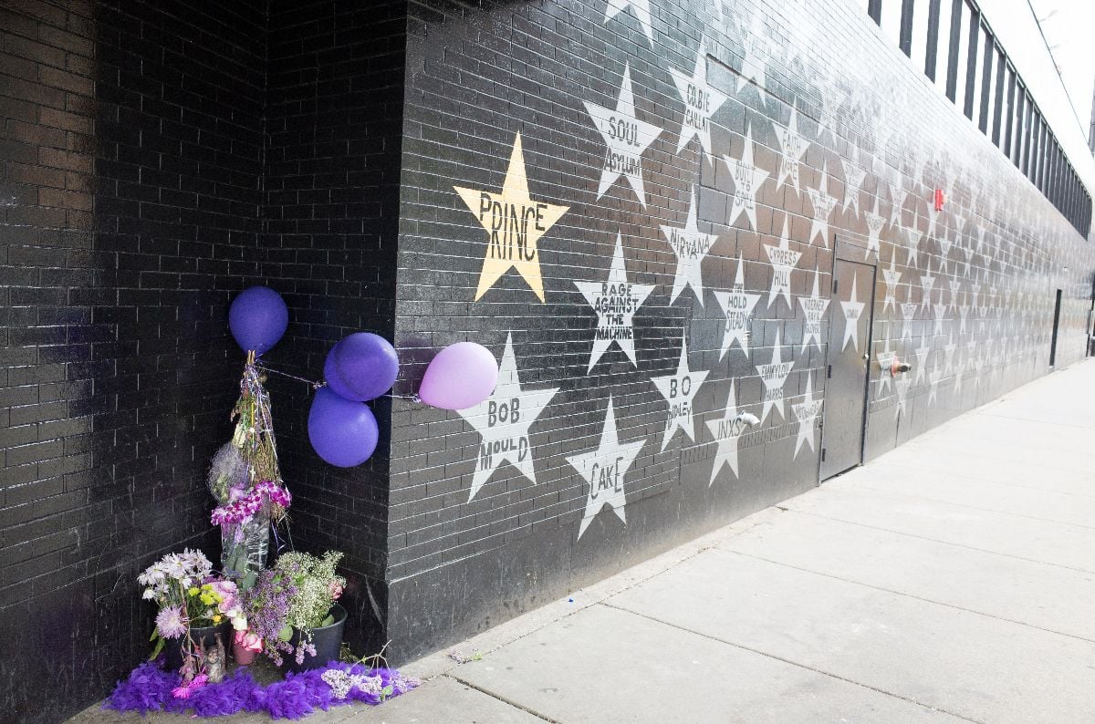 Prince's Star and memorial among wall of stars at First Avenue Nightclub.