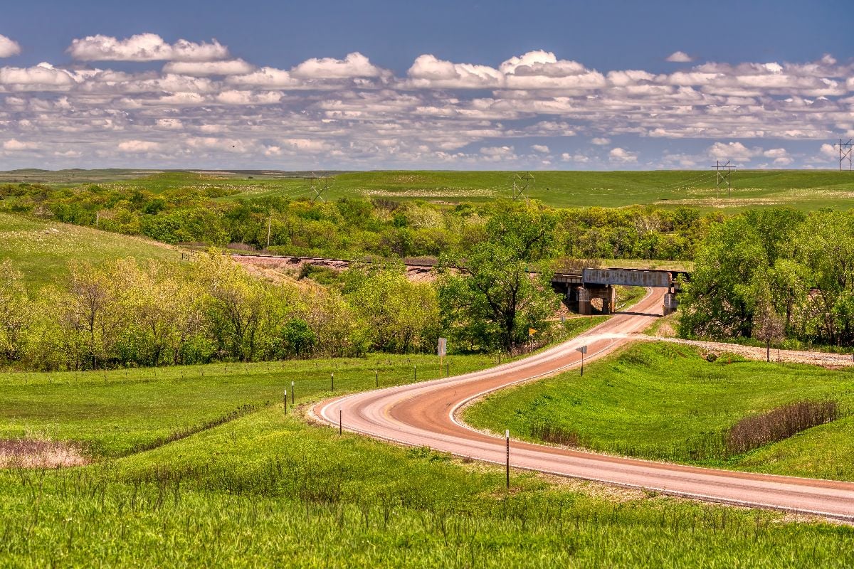 Green pasture land in the Flint Hills of Kansas.