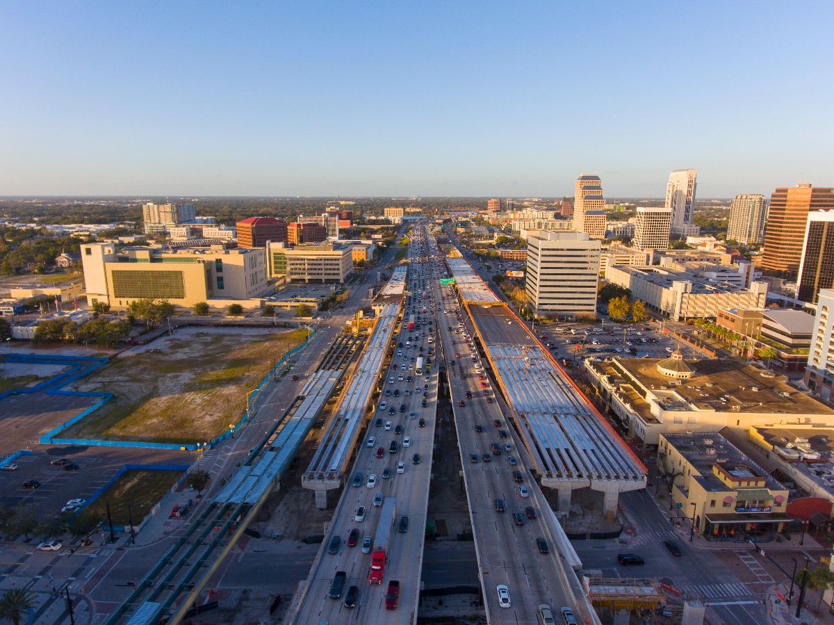 Aerial view of Interstate Highway 4 I-4 in Downtown Orlando.
