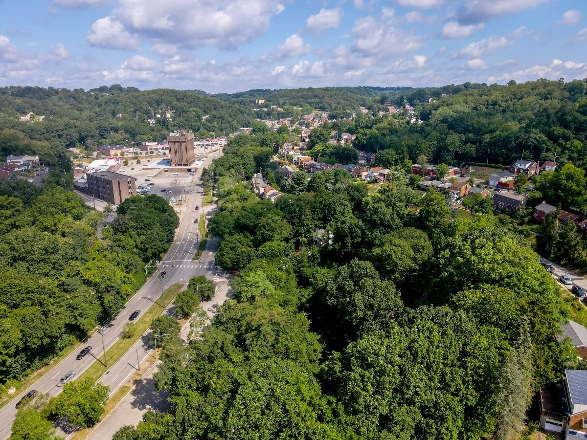 Aerial landscape of residential neighborhood in Forest Hills Pittsburgh.