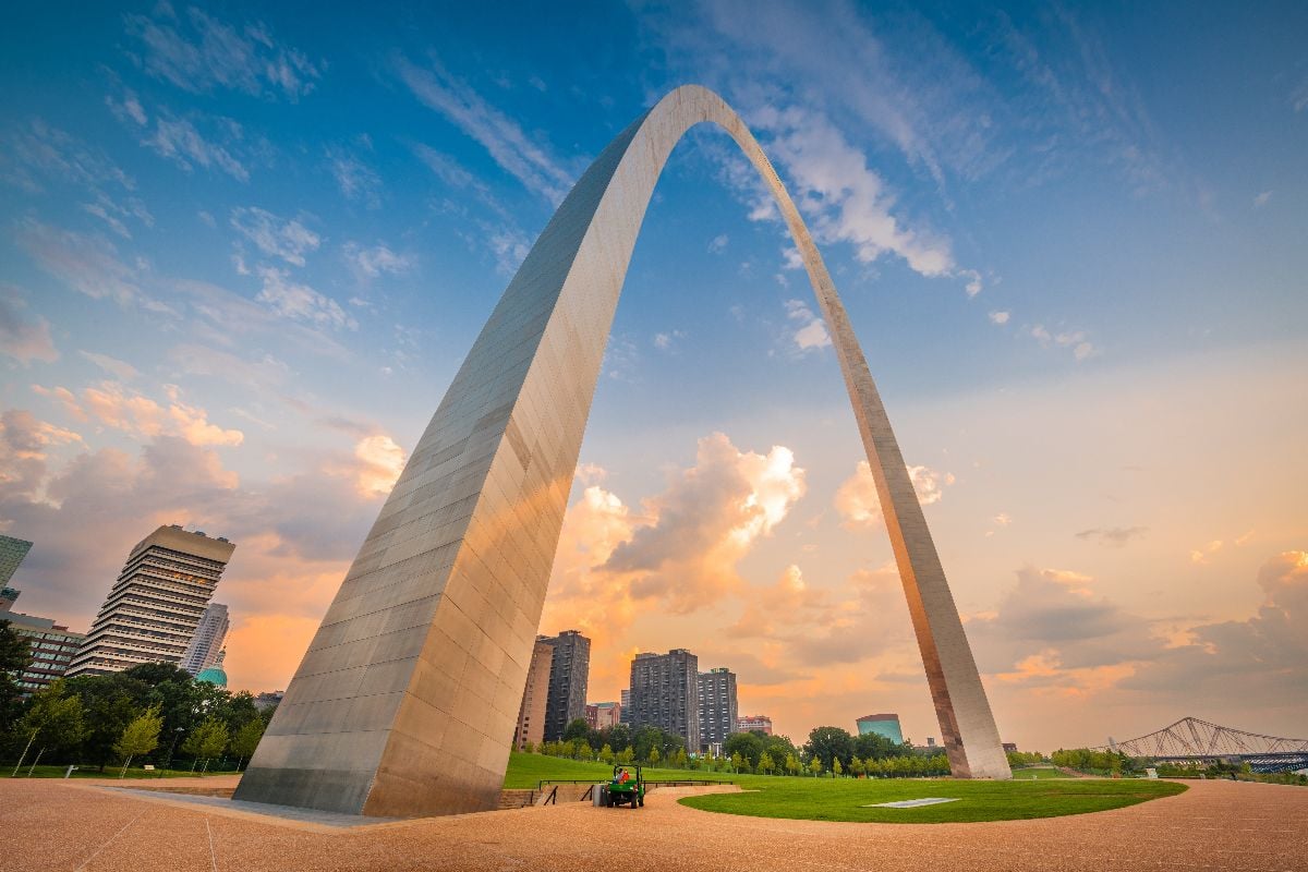 Downtown St. Louis viewed from below the arch.